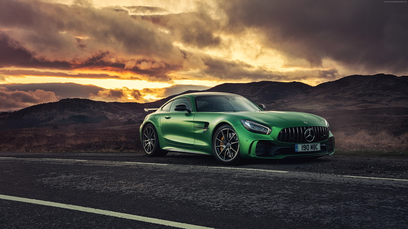 mountain, land vehicle, environment, dramatic sky, symbol, sports car, luxury, motion, Mercedes Amg Gtr, 4k, car, beauty in nature, road, sunset, motor vehicle