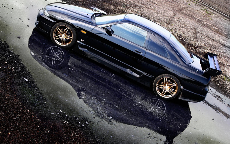 cars, GT, black, R33, motor vehicle, vintage car, wheel, mode of transportation, no people, skyline, retro styled, travel, land vehicle, reflections, high angle view