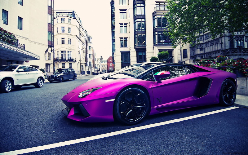 purple cars, day, car, street, building exterior, sports, built structure, purple, land vehicle, sign, red, 1080P, road, coupe, symbol, mode of transportation