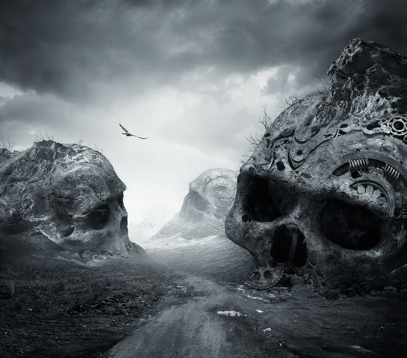death, photo manipulation, dirtroad, landscape, flying, birds, dark, monochrome, skull, 480P, nature