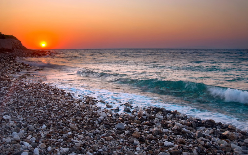 yellow, coast, sunrise - Dawn, tranquility, pebble, waves, scenics - nature, decline, surfing, sand, coastline, tranquil Scene, beach, gold Colored, stones