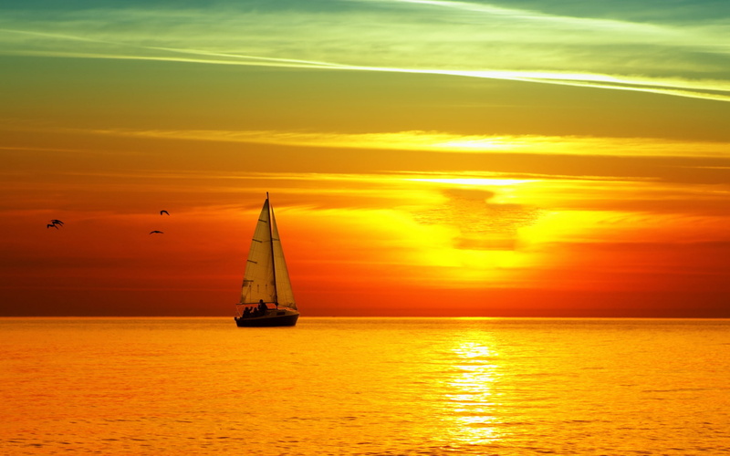 sky, 2K, sea, horizon, sailing vessel, decline, lunar path, sun, birds, orange