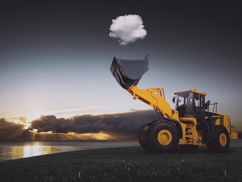 Wheels, clouds, mode of transportation, sunlight, construction industry, trucks, one person, Optical Illusion, sunset, land, vehicle, industry, plant, construction machinery