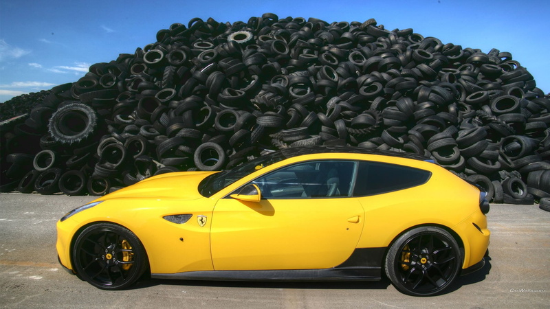 1080P, travel, Ferrari FF, land vehicle, outdoors, motor vehicle, tires, yellow cars, no people, blue, sign, architecture, yellow, sky, day, taxi, creativity