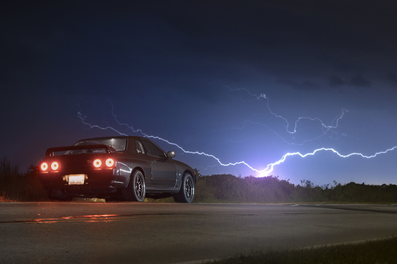 the sky, lightning, road, R32, Nissan, 5K, back, GT-R