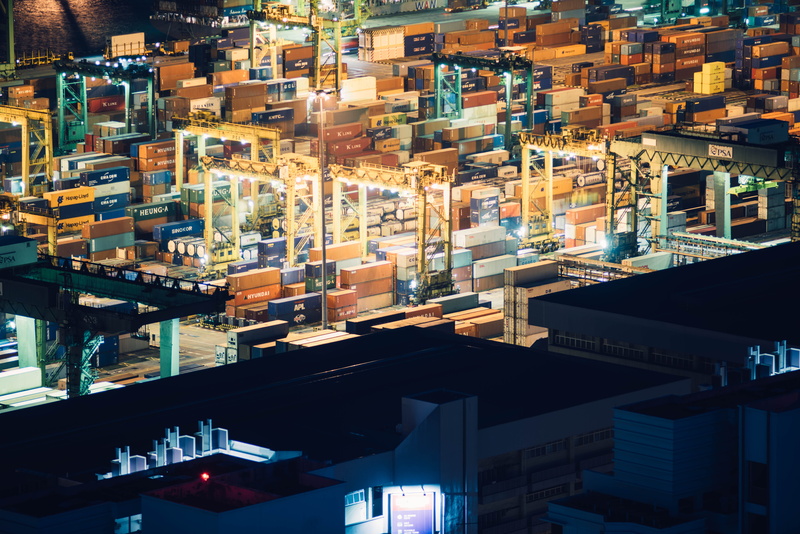 built structure, illuminated, city, nature, photo, cityscape, architecture, modern, port, cargo, intermodal, outdoors, container, city life, dusk, high angle view