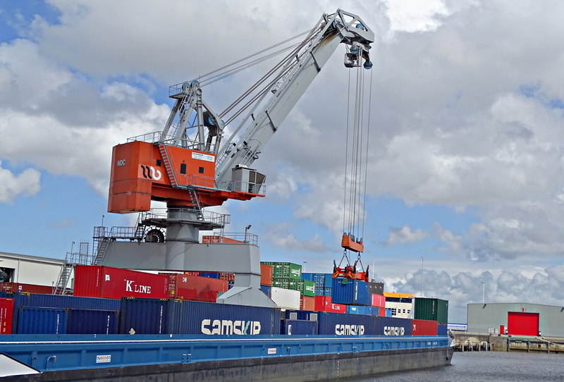 boat ship, cargo container, red, 4K, architecture, water, harbor, commercial dock, quay, loading, vessel, machinery, ship, blue, outdoors, container, load