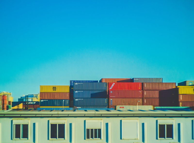 built structure, cargo, building exterior, color, copy space, building, no people, sunlight, clear sky, docks, 4K, window, assorted, cargo container, city