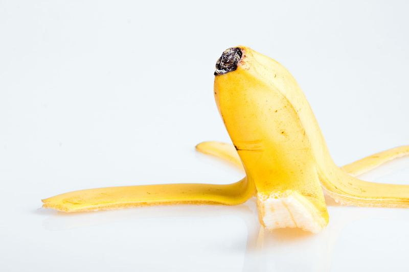 skin, peel, closeup, copy, caution, fall, studio, injury, risk, ripe, slip, isolated, white background, banana, indoors, single object, healthy, yellow