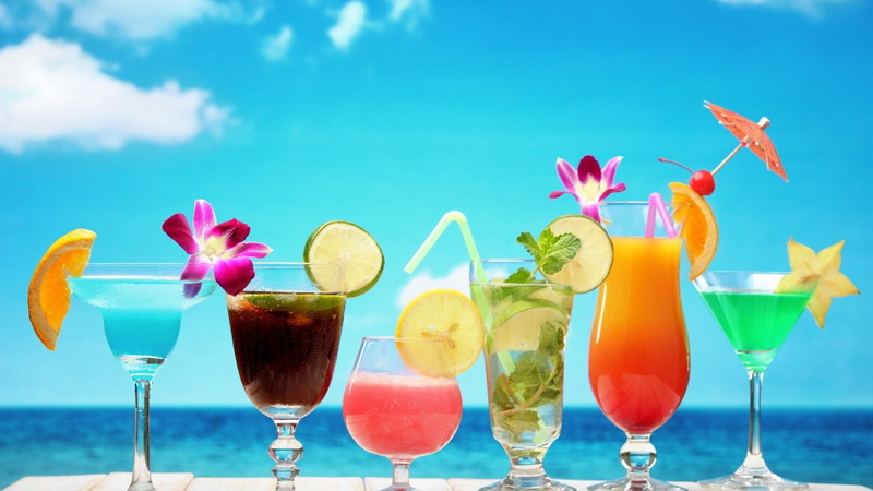 colorful, fruits, blue sky, cocktails, 1080P, holiday, beach, relax, summer