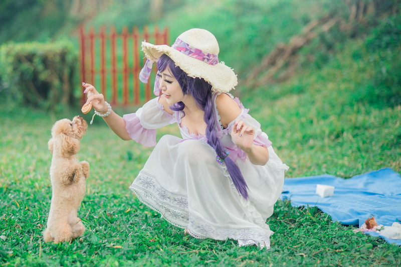 the lady with the dog, communication, image, treat, poodle, braid, face, puppy, piece, legs, Asian, cute, picnic, dog, the fence, stand, pose, training