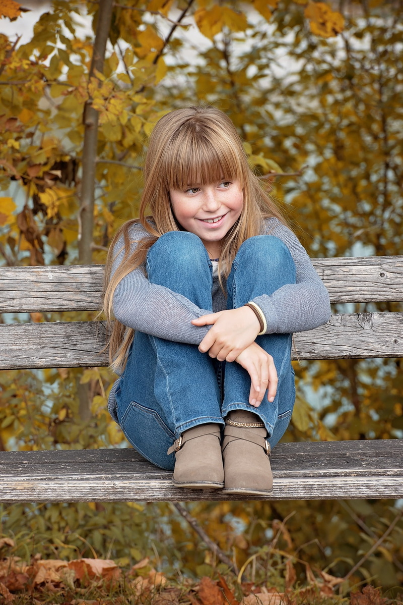 cute, bank, trees, child, childhood, happiness, autumn, sitting, leisure activity, hair, fall leaves, outdoors, seasons, bangs, hairstyle, people, happy