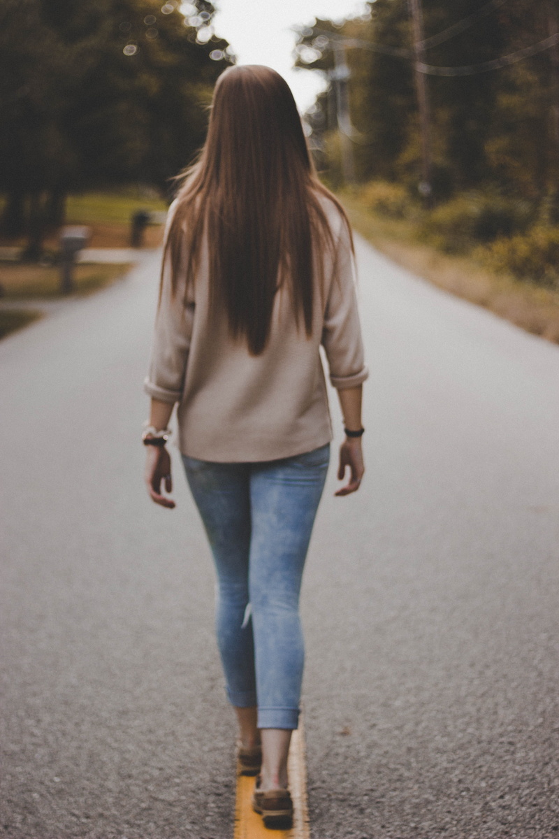 female, casual clothing, straight hair, shoe, jeans, daytime, pants, clothing, one person, girl, long hair, hair, blue, shirt, sweater, walking, human hair