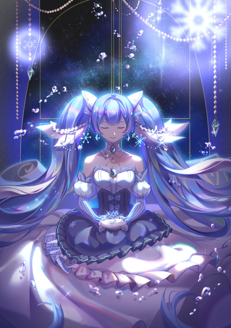 pattern, blue hair, glowing, 2K, long hair, shiny, music, no people, lighting equipment, light, anime girls, electrical equipment, indoors, nightlife