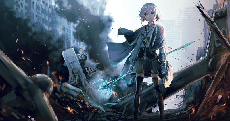 Warzone, Short Hair, Dress, Original, Trident, Anime, Thigh Highs, Weapon, 1080P, Girl, Blue Eyes, Necklace, White Hair, Smoke