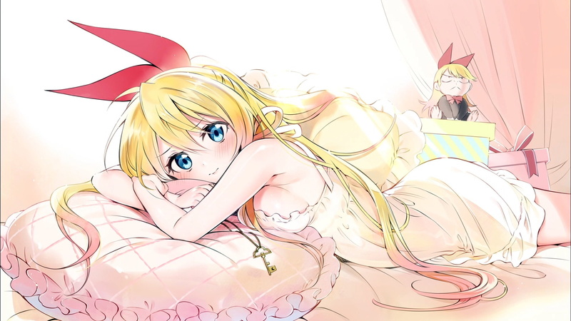 1080P, Chitoge Kirisaki, Key, Blue Eyes, Dress, Smile, Blonde, Long Hair, Bed, Anime, Pillow, Lying Down, White Dress, Girl, Nisekoi, Blush
