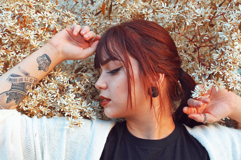 spring, beautiful woman, fringe, young adult, red hair, hair, nature, lifestyles, makeup, portrait, standing, women, casual clothing, plant, girl, model