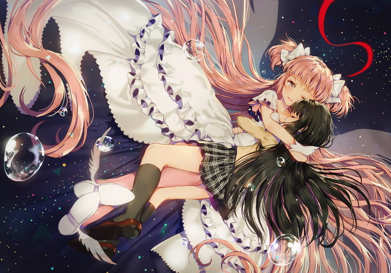 yellow, eyes, twintails, mahou, madoka, girls, fringe, sky, closed, pink, magica, long, 720P, black, hair, multiple, girl, shoujo