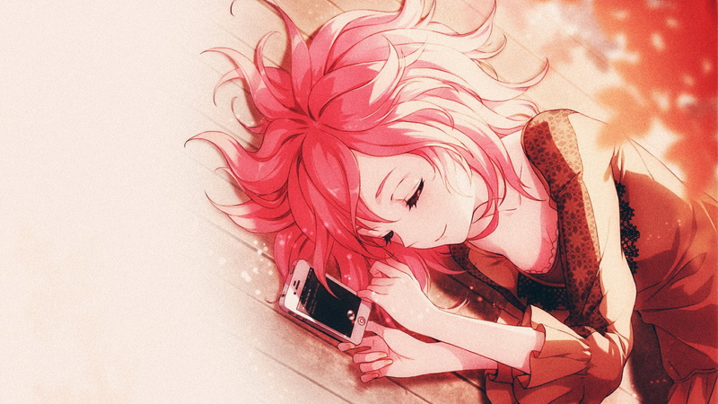 fringe hair, smiling, dress, short hair, pink, orange, lying on side, anime girls, cellphone, film grain, closed mouth, 1080P, pink hair, face, closed