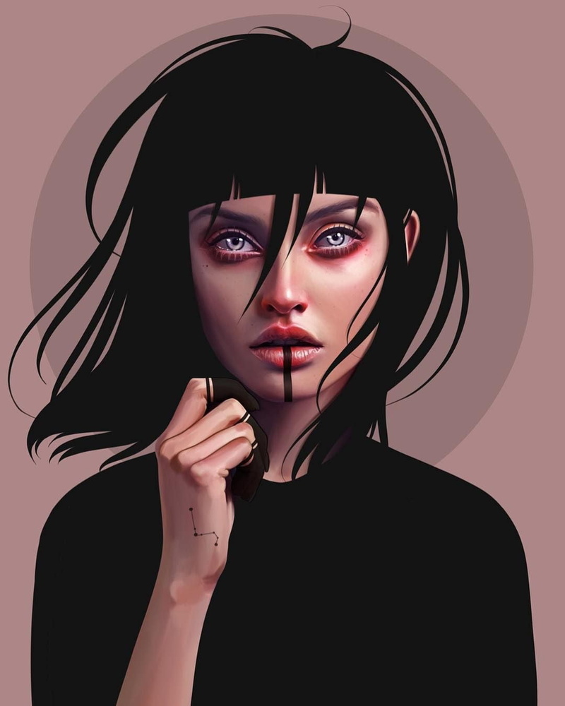 720P, simple background, black hair, gray eyes, digital art, looking at viewer, portrait, fringe hair, women