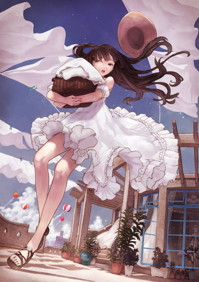 hair, looking, brown, long, open, flower, original, dress, viewer, single, fringe, tall, image, eyes, mouth, 1080P, girl