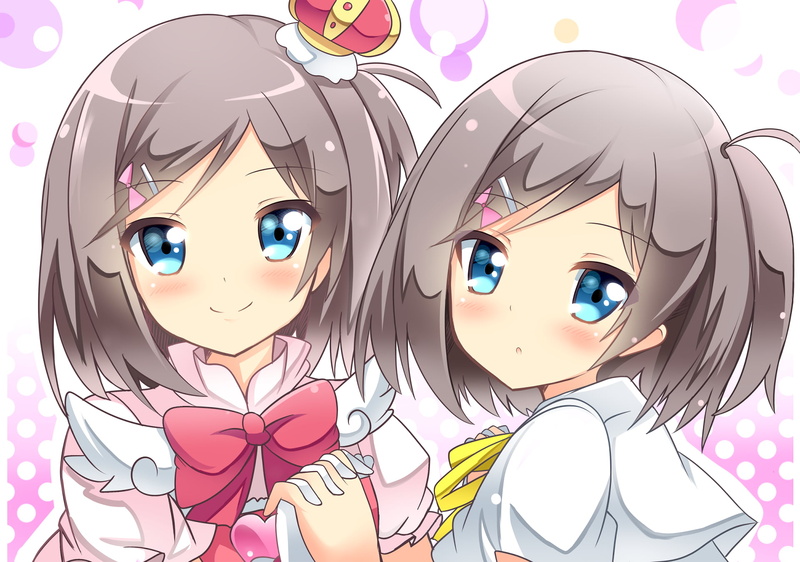 bangs, crown, Tsutsukakushi Tsukiko, blue eyes, school uniform, smiling, looking at viewer, white gloves, dark hair, dress, short hair, artwork, anime girls