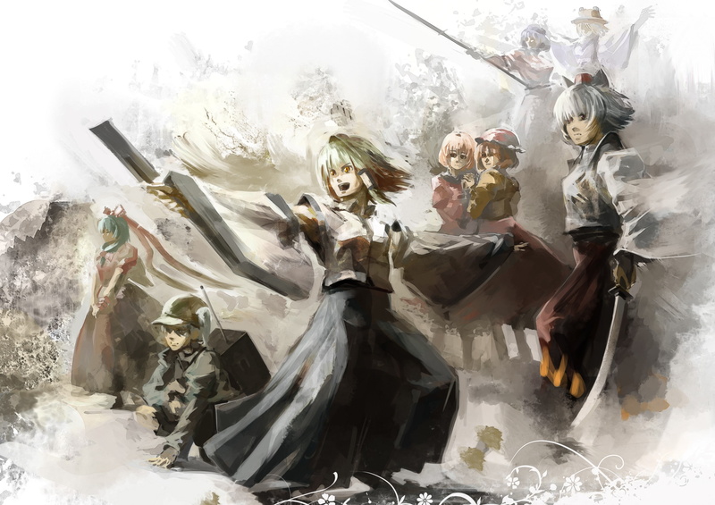 mouth, kanako, hands, inubashiri, holding, twins, faith, squatting, white, moriya, long, miko, yellow, goddess, ribbons, weapons, spears, ears, sanae, yasaka