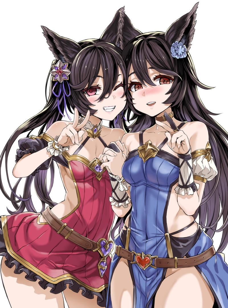 one eye closed, choker, blush, white background, nier (granblue fantasy), 720P, dress, belt, bare shoulders, sleeveless, short sleeves, sisters, red dress