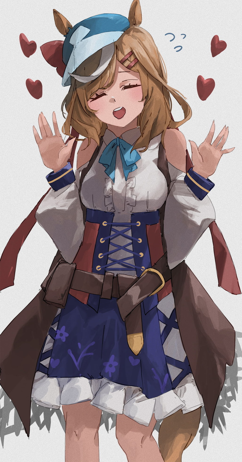tail, thighs, arms up, animal ears, uniform, fan art, closed eyes, 2D, open mouth, 1080P, simple background, waving, brunette, long hair, bicolored hair