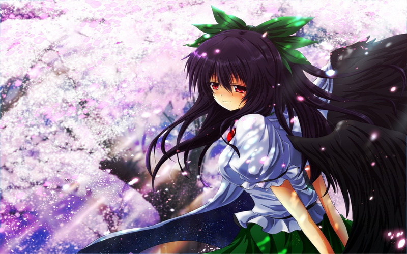 capes, skirts, 1080P, blush, utsuho, petals, video, back, long, blossoms, space, eye, bangs, wings, anime, red, bows, dark, games, sunlight, black, flower