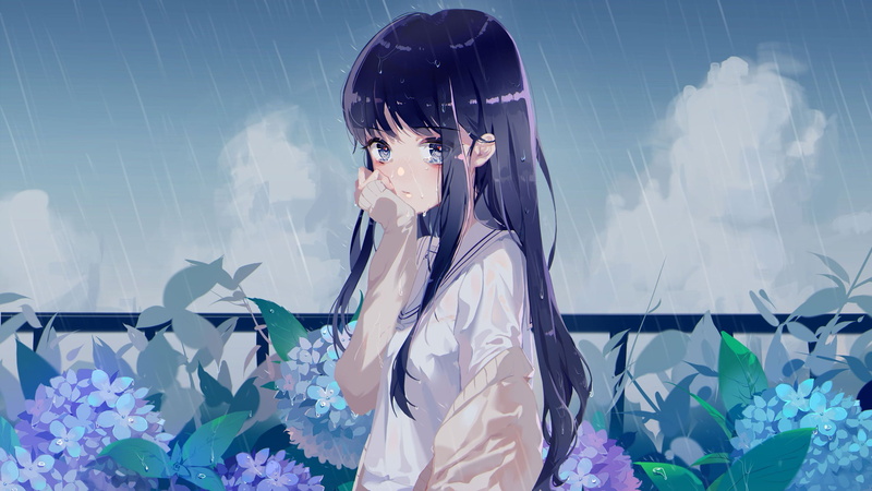 long hair, looking at viewer, anime girls, plants, sky, crying, fence, 2K, clouds, flowers, water drops, sweater, anime, blue eyes, dark hair, rain