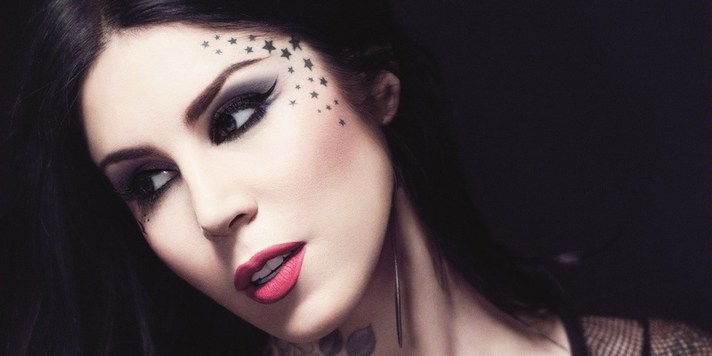 1080P, looking at camera, Kat Von D, indoors, adult, portrait, headshot, eyeshadow, glamour, tattoo, fashion, face, red lipstick, young adult, human body part