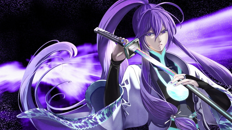 ornaments, hair, long, eyes, clothes, nail, polish, purple, weapons, kamui, 1080P, japanese, vocaloid, ponytails, gakupo, katana, swords