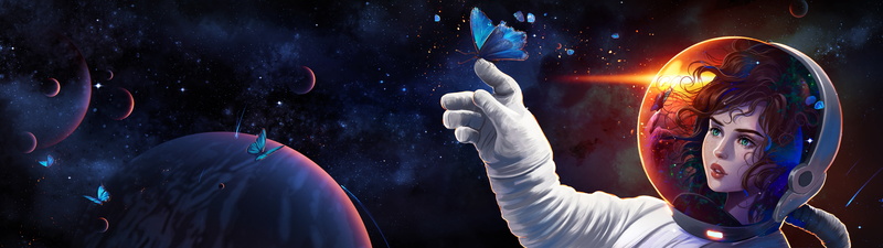 girl, butterfly, space, Prywinko, 8K