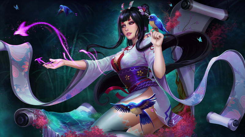 purple, women, Prywinko, spell, 4K, scrolls, flower in hair, dress, animals, looking away, flowers, drawing, birds, hair accessories, makeup, Chinese dress
