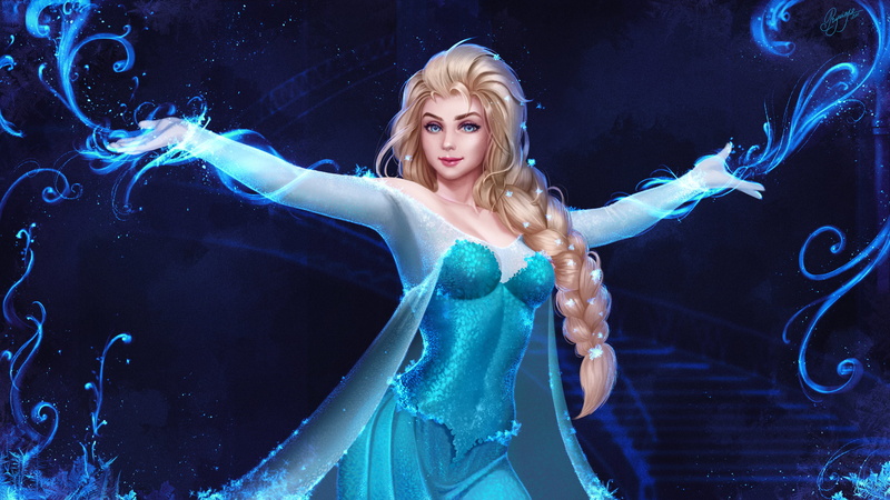 Elsa, braided hair, cleavage, Frozen (movie), looking at viewer, 2K, blonde, fan art, smiling, artwork, digital art, Prywinko, illustration, Disney princesses