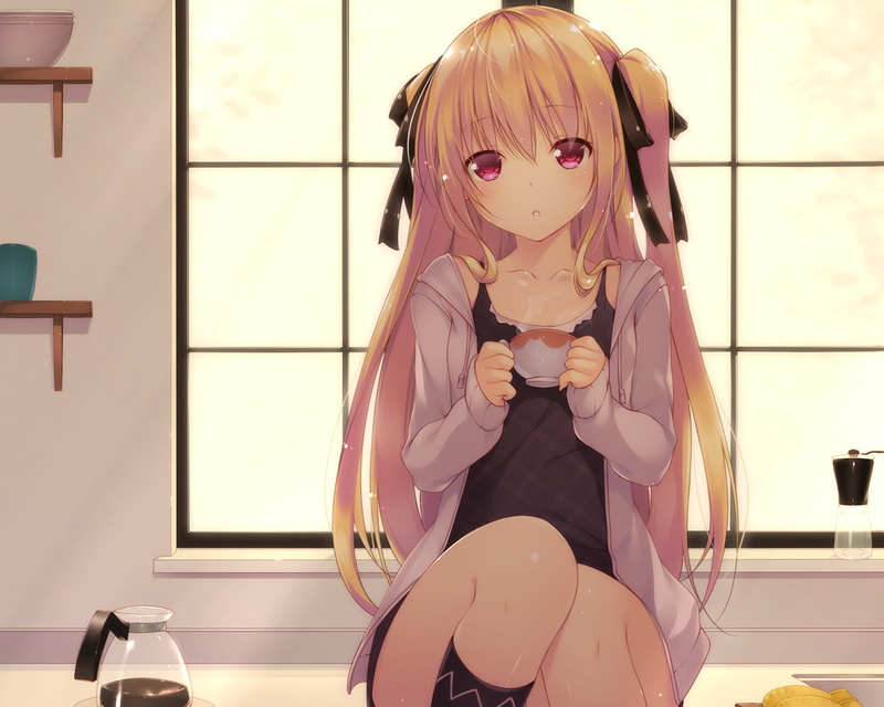 three quarter length, front view, female likeness, Golden Darkness, portrait, Blush, Anime, fashion, human representation, Girl, window, Sitting, home interior
