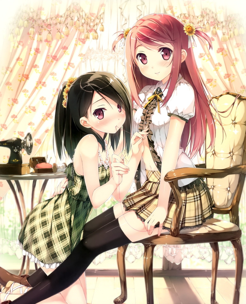 blush, brunettes, Dress, girls, hair, hd, eyes, chairs, anime, art, highs, 2K, thigh, lesbians, two, people, skirts, pink