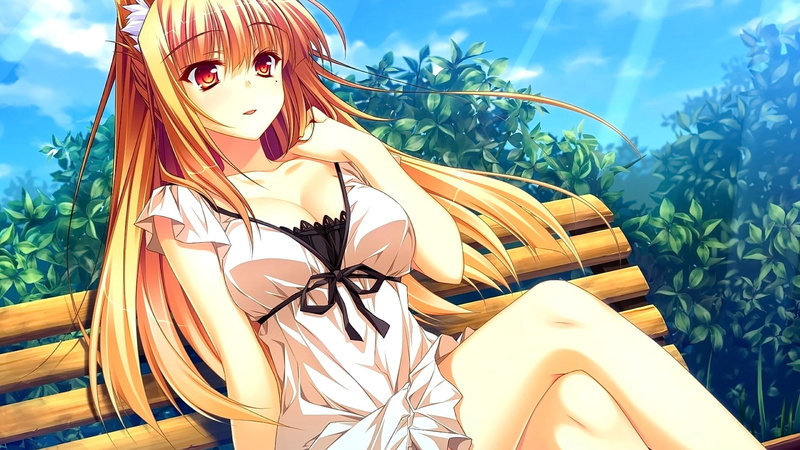 anime, anime girls, open mouth, 1080P, red eyes, clouds, sitting, blonde, sky, looking away, animal ears, long hair