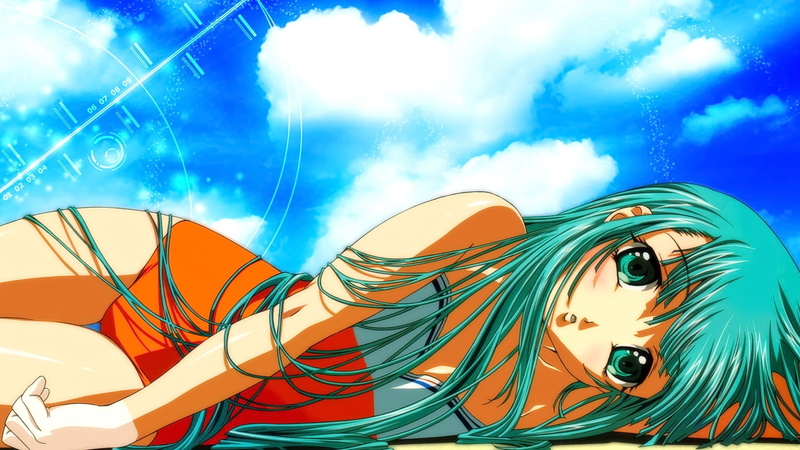 long hair, looking at viewer, clouds, aqua hair, swimwear, anime, 1080P, sky, anime girls, open mouth, aqua eyes