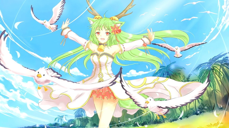 statue, outdoors, anime, no people, blue, human representation, anime girls, multi colored, green hair, sculpture, low angle view, representation, long hair