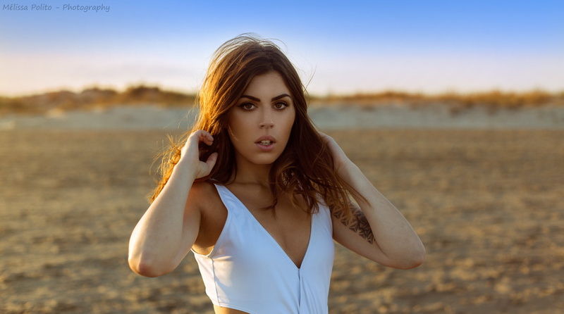 young adult, fashion, 1080P, women, looking at camera, nature, looking at viewer, sky, Melissa Polito, hairstyle, beauty, beach, brown eyes, white tops