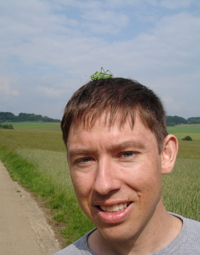 insect, one person, outdoors, land, portrait, person, human, smiling, wart biter, ensifera, headshot, day, field, decticus verrucivorus, emotion, cloud - sky