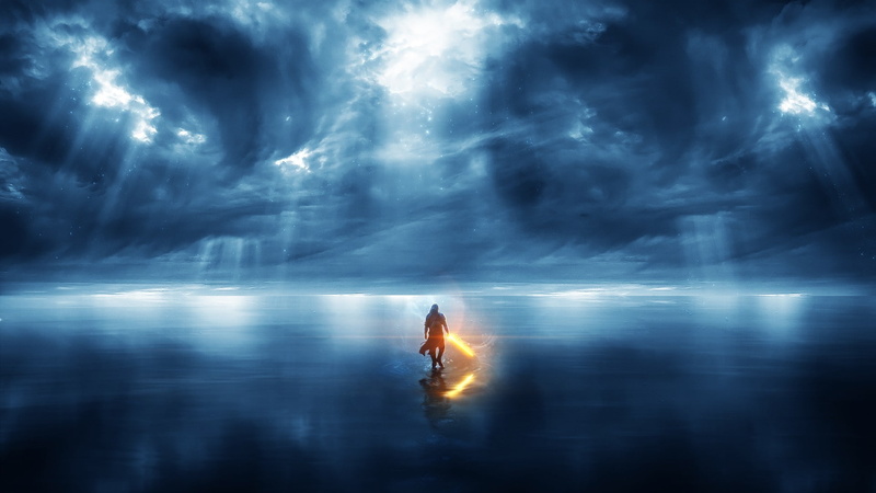 warrior, sky, blue, lightsaber, 1080P, Star Wars, clouds, fantasy art, Jedi