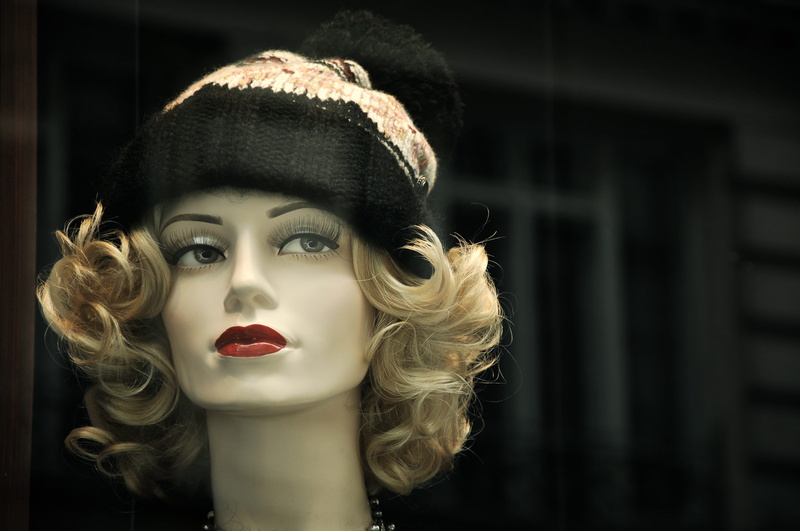 retail, elegance, blonde, adult, glamour, young Adult, lipstick, one Woman Only, window, hat, store, hairstyle, portrait, black and white, retail display