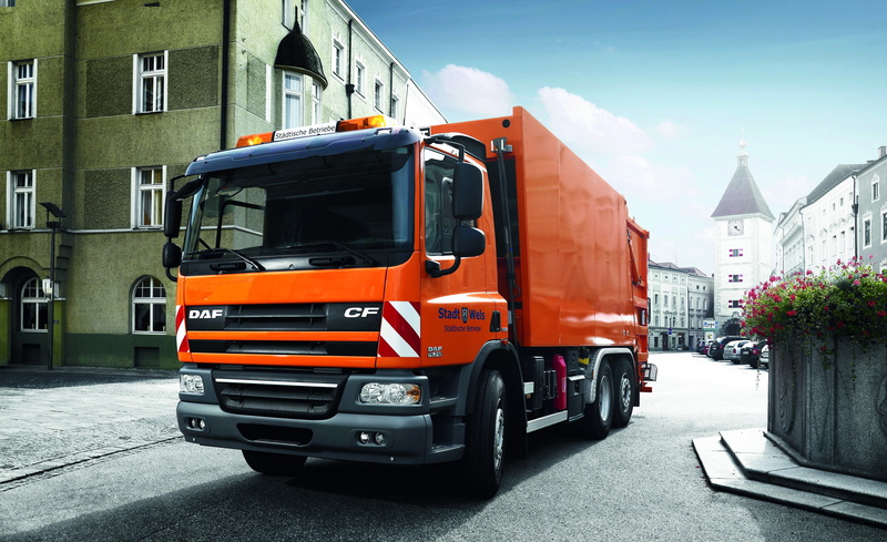 EEV, the city, 6x2, platform, DAF CF75.310 FAN, orange, 4K, area, garbage truck, DAF