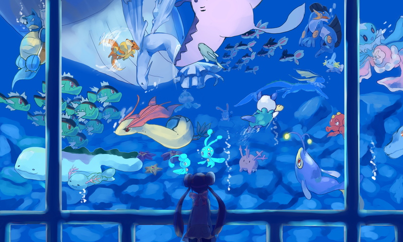 4K, jellicent, pokemon, anime, octillery, mudkip, wooper, long, azumarill, swimming, lanturn, women, lumineon, phio, water, mantine, aquarium, hair, manaphy