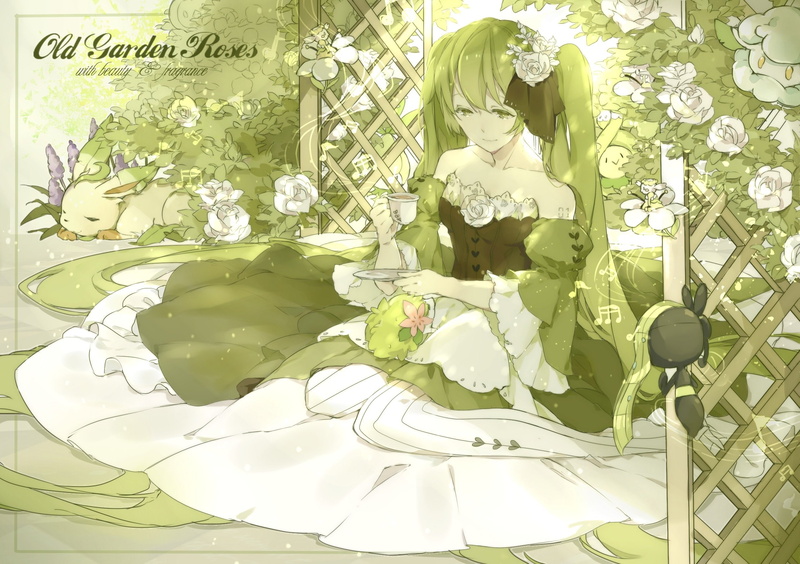 crossover, leafeon, rose, flowers, vocaloid, shaymin, twintails, cottonee, 1080P, meloetta, dress, pokemon, budew, eyes, hair, flabebe, long, green