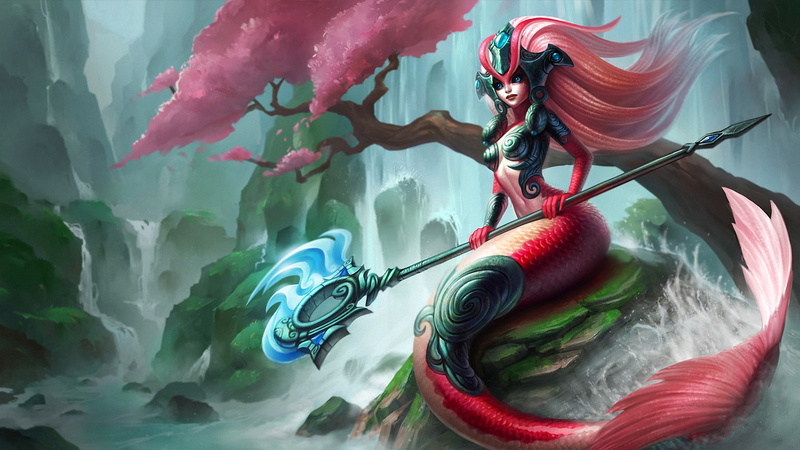 tree, 2K, mermaid, nami, koi, video, league, girl, game, river, hd, widescreen, falls, legends