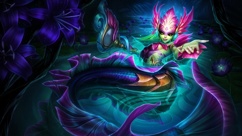 mermaid, girl, nami, legends, game, computer, dark, river, 2K, league, hd, blue, koi, tablet, flowers, laptop, video